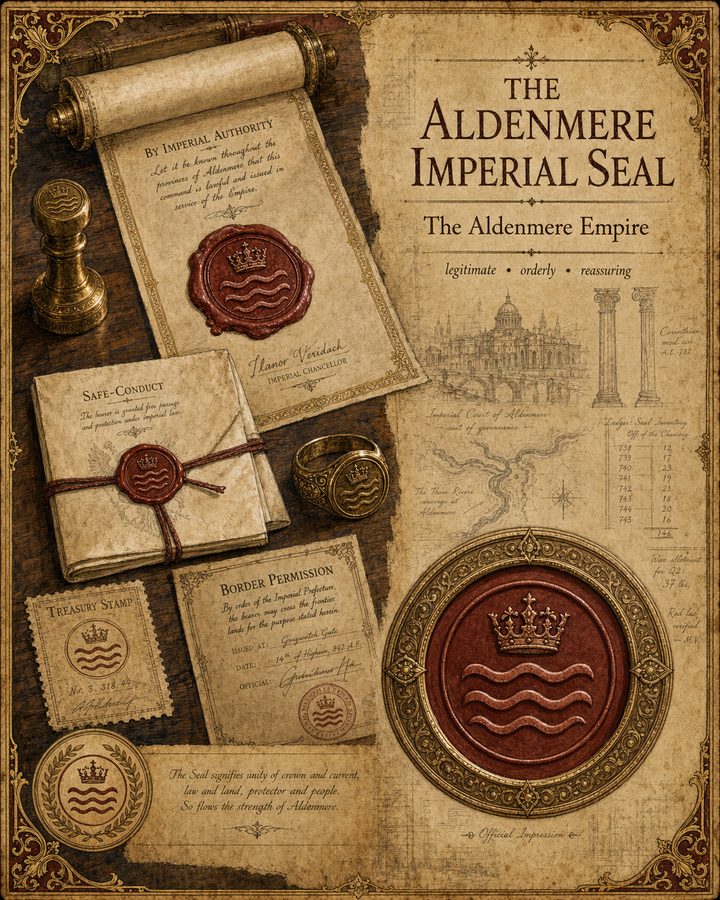 The Aldenmere Imperial Seal from Songs of the Firstborn — the mark of the empire that authorizes and suppresses