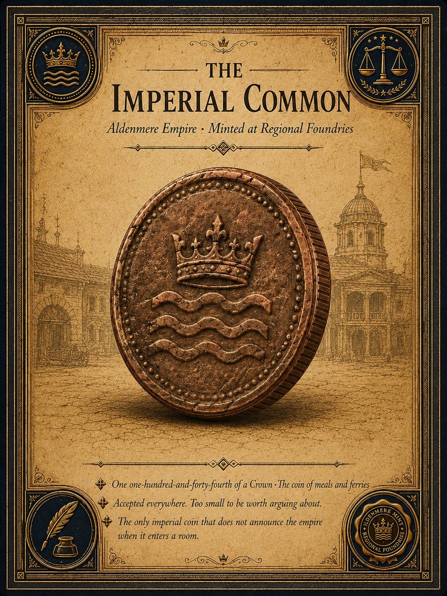 The Imperial Common copper coin from Songs of the Firstborn — small denomination coin of the Aldenmere Empire