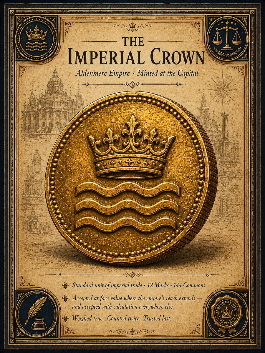 The Imperial Crown coin from Songs of the Firstborn — gold coin of the Aldenmere Empire
