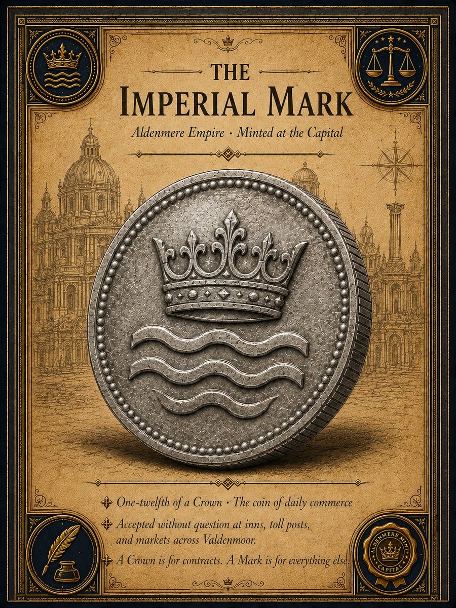 The Imperial Mark silver coin from Songs of the Firstborn — daily commerce coin of the Aldenmere Empire