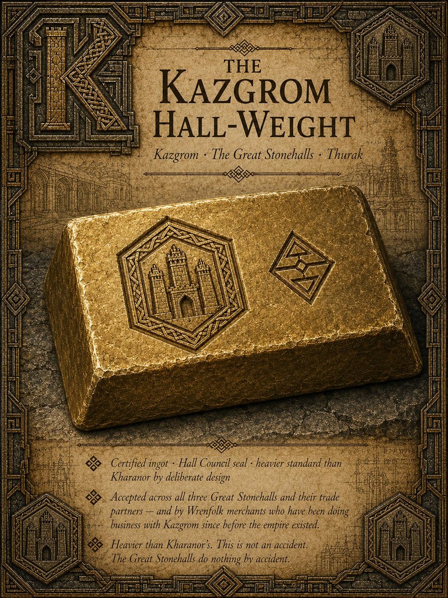 The Kazgrom Hall-Weight from Songs of the Firstborn — gold certified ingot from the Great Stonehalls of Thurak