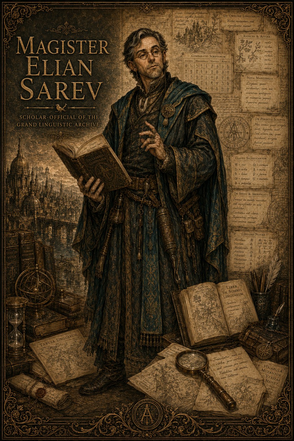 Magister Elian Sarev — Imperial philologist and agent of the Quiet Ledger in Songs of the Firstborn