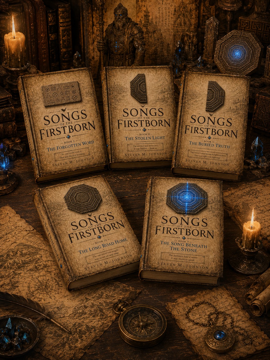 All five books of Songs of the Firstborn by Steven M. Johnson, arranged with world artifacts including the Vel-Kel and kallite crystals