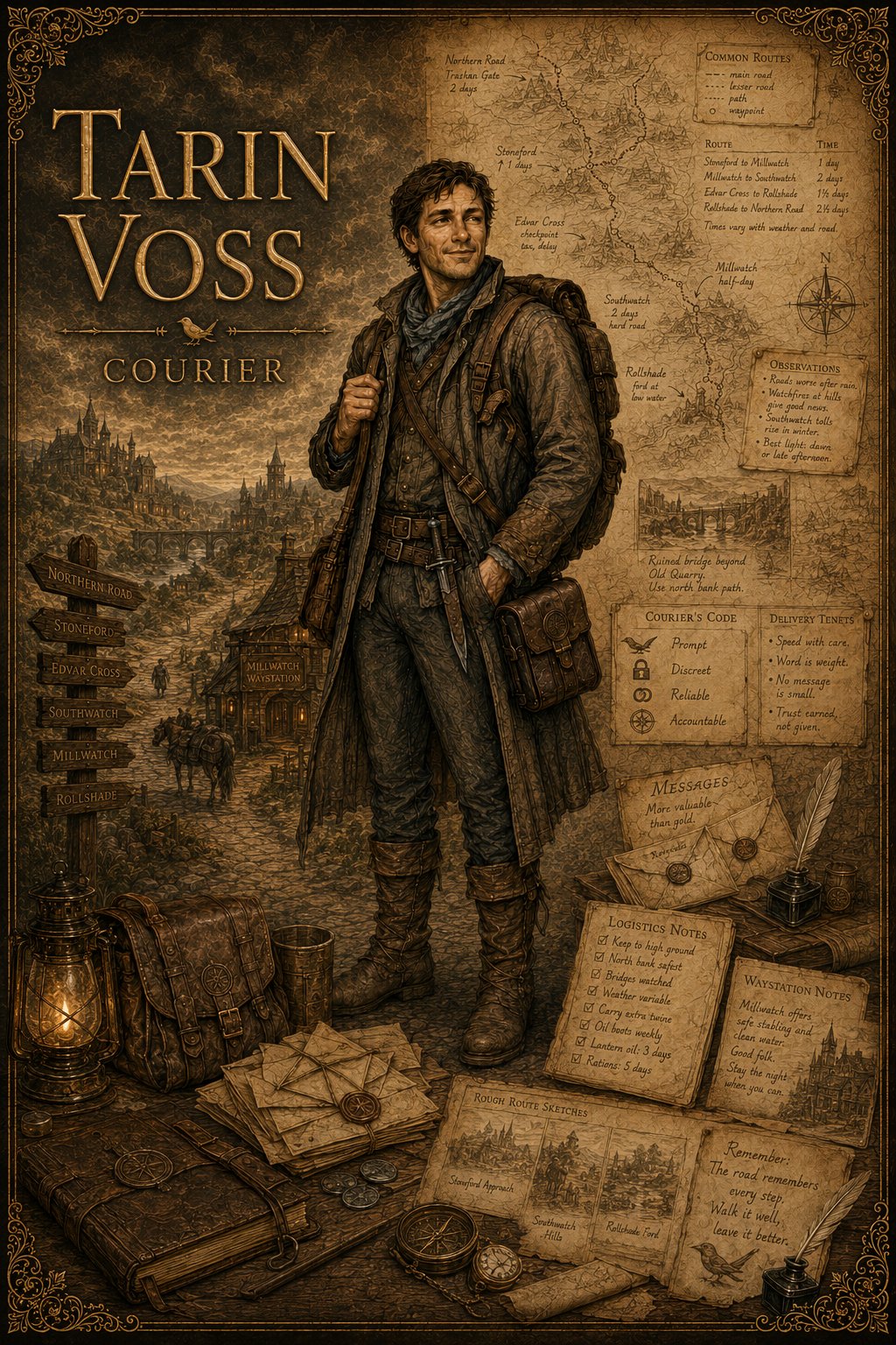 Tarin Voss — courier and infiltrator for the Quiet Ledger in Songs of the Firstborn