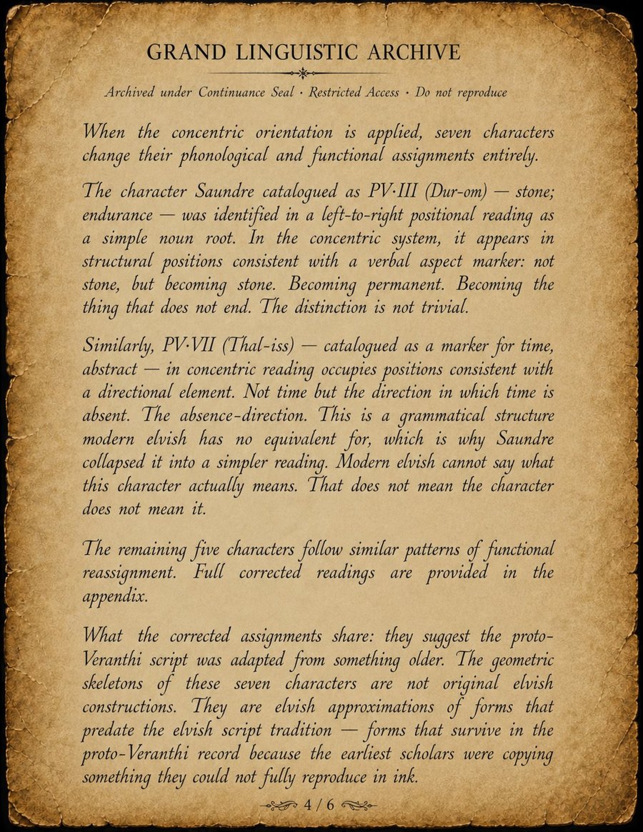 Page 4 of Thessaly Vorn's banned paper on proto-Veranthi directionality from Songs of the Firstborn