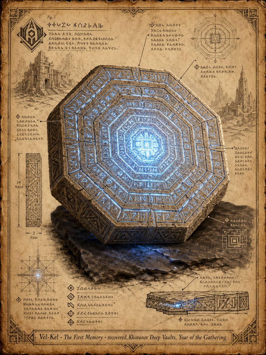 The Vel-Kel artifact from Songs of the Firstborn — the sundered memory-stone of the Drevari Firstborn
